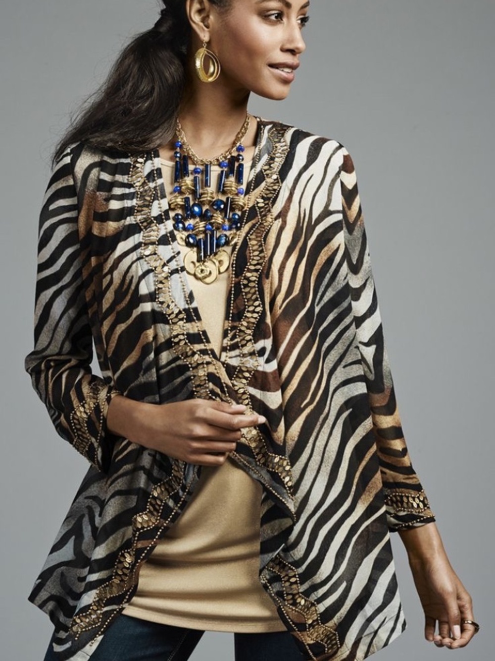 Chico's Zebra Print Sheer Beaded Kimono Jacket Size 2 L